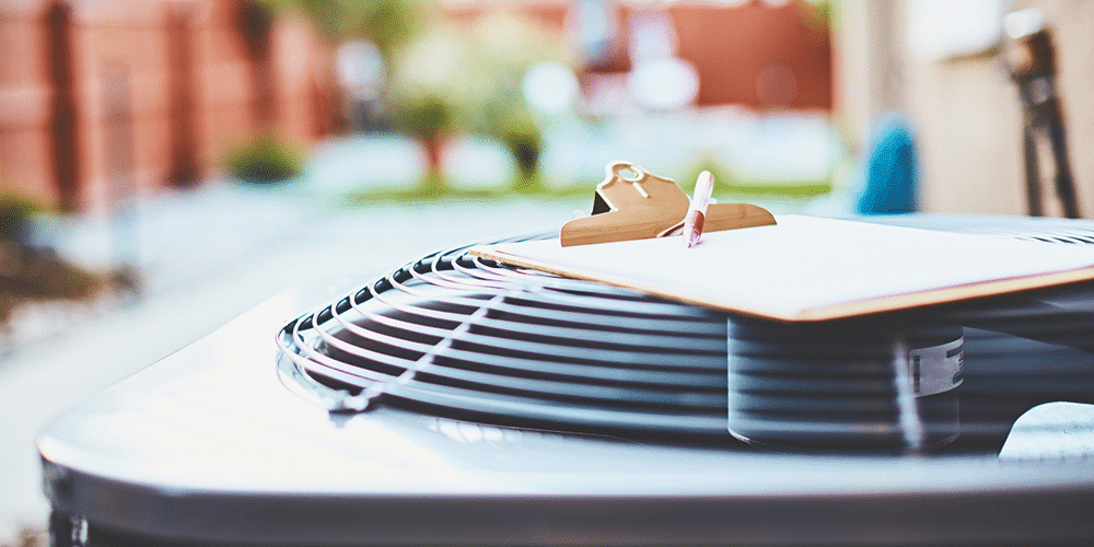 Shot of residential air conditioner with a clipboard and checklist sitting on it.