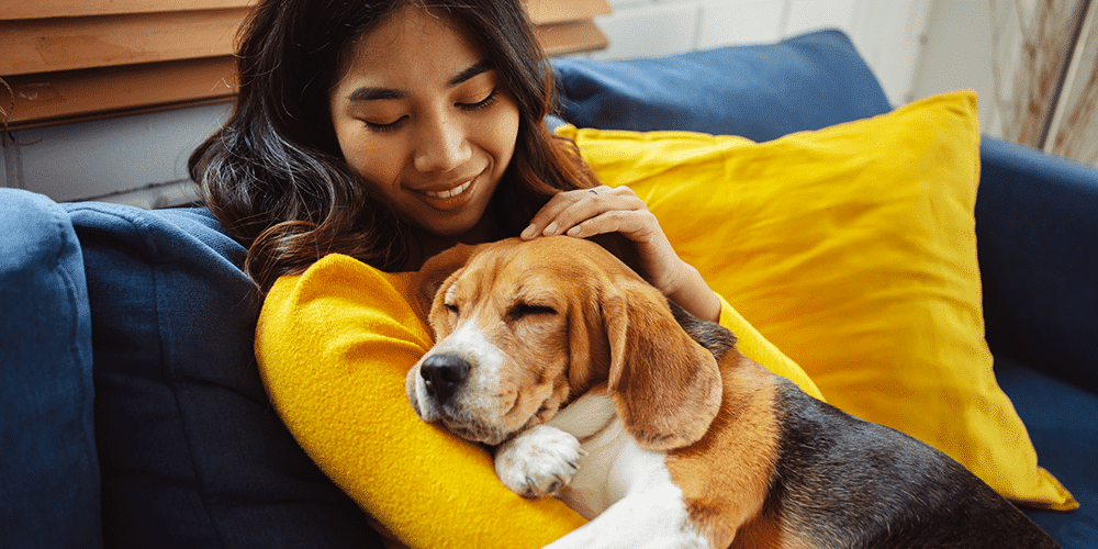How Often Should Furnace Filters Be Changed? Young girl in yellow curls up on couch with cute puppy dog.