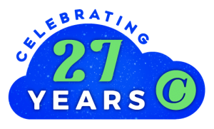 ComfortAire celebrating 27 years badge, blue.