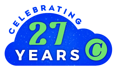 ComfortAire celebrating 27 years badge, blue.
